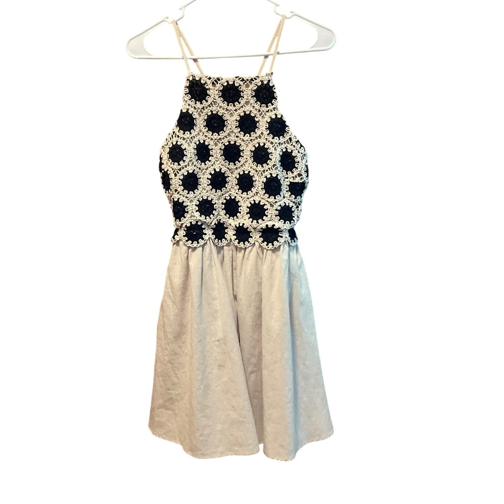 MOD on trend 100% cotton women's mini dress crochet boho cottagecore tan black M